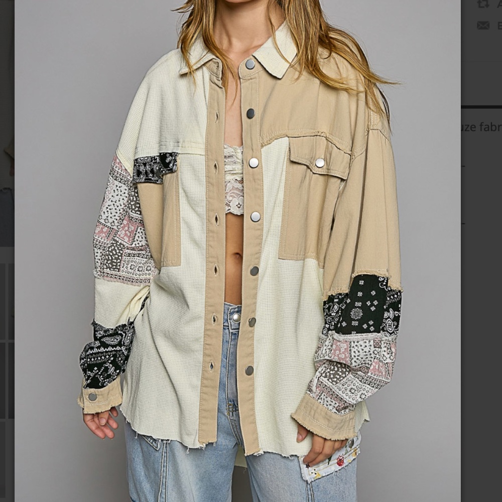 L POL Beige Cream Patchwork Long Sleeve Button Shirt Jacket